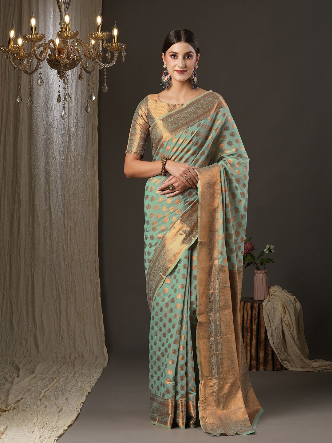 

Saree mall Sea Green & Gold-Toned Ethnic Motifs Zari Banarasi Saree