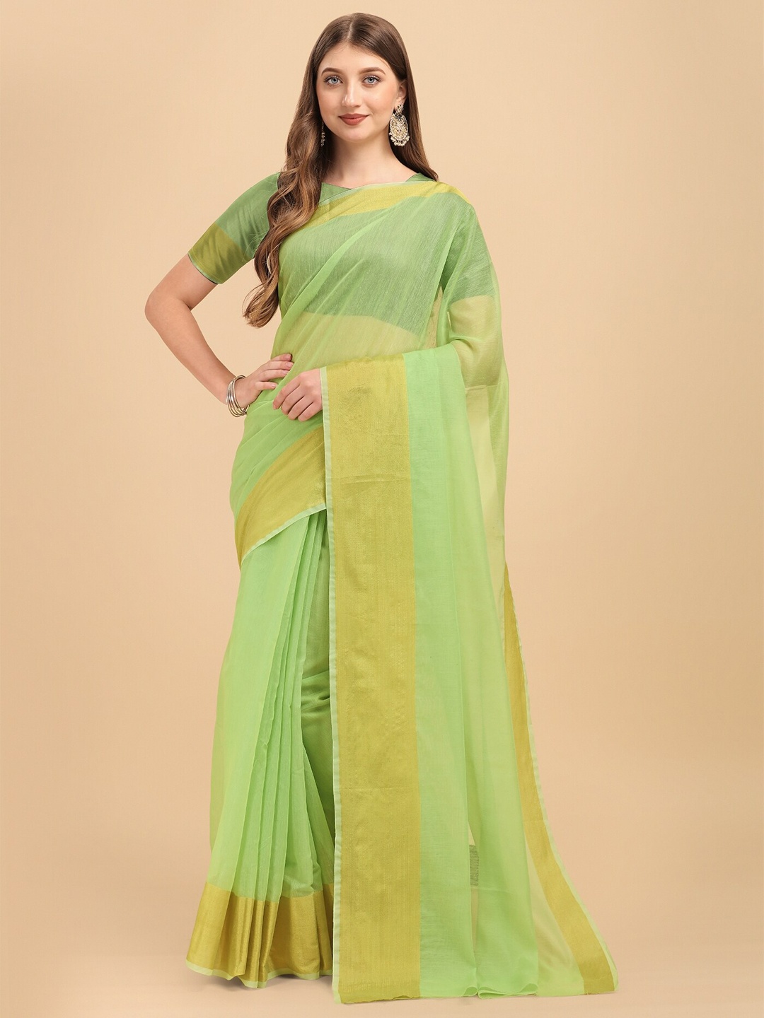 

TEREZA Fluorescent Green & Gold-Toned Zari Chanderi Saree
