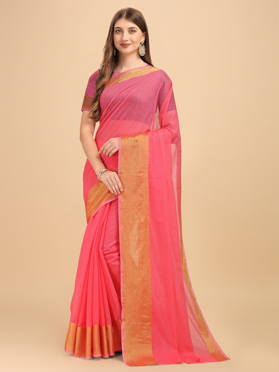 

TEREZA Pink & Gold-Toned Zari Chanderi Saree