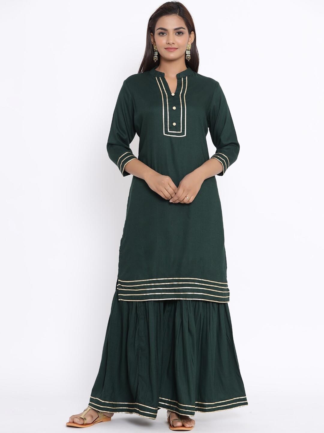 

MIRAVAN Mandarin Collar Gotta Patti Kurta with Sharara, Green