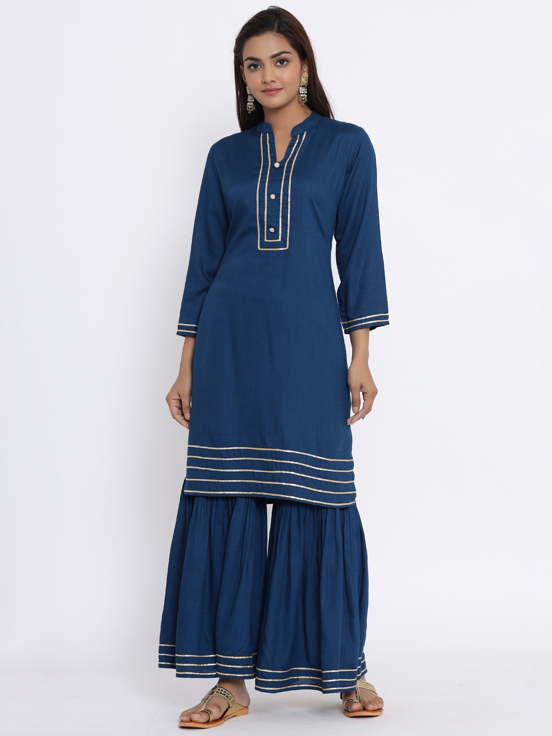 

MIRAVAN Mandarin Collar Gotta Patti Kurta with Sharara, Blue