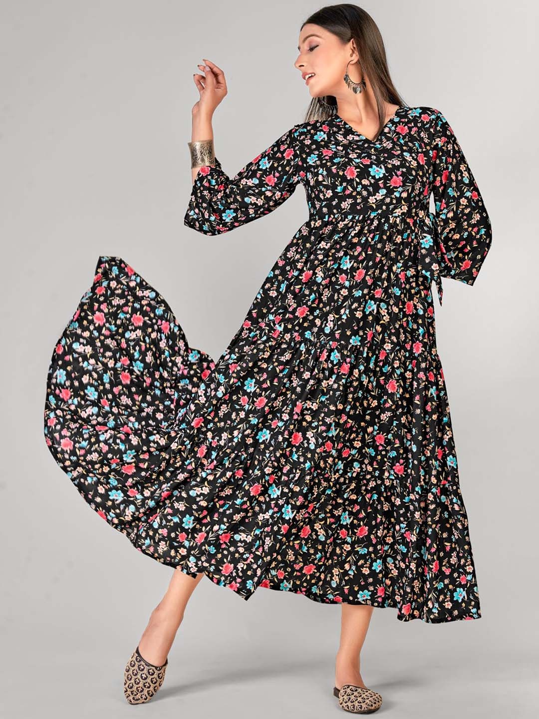 

NH KAPDEWALA Women georgette & Bell Sleeves Floral Maxi Dress, Black