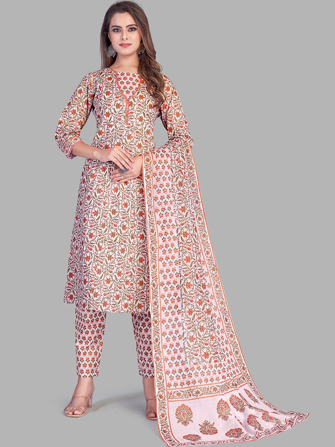 

NH KAPDEWALA Floral Printed Pure Cotton Kurta with Trousers & Dupatta, Cream