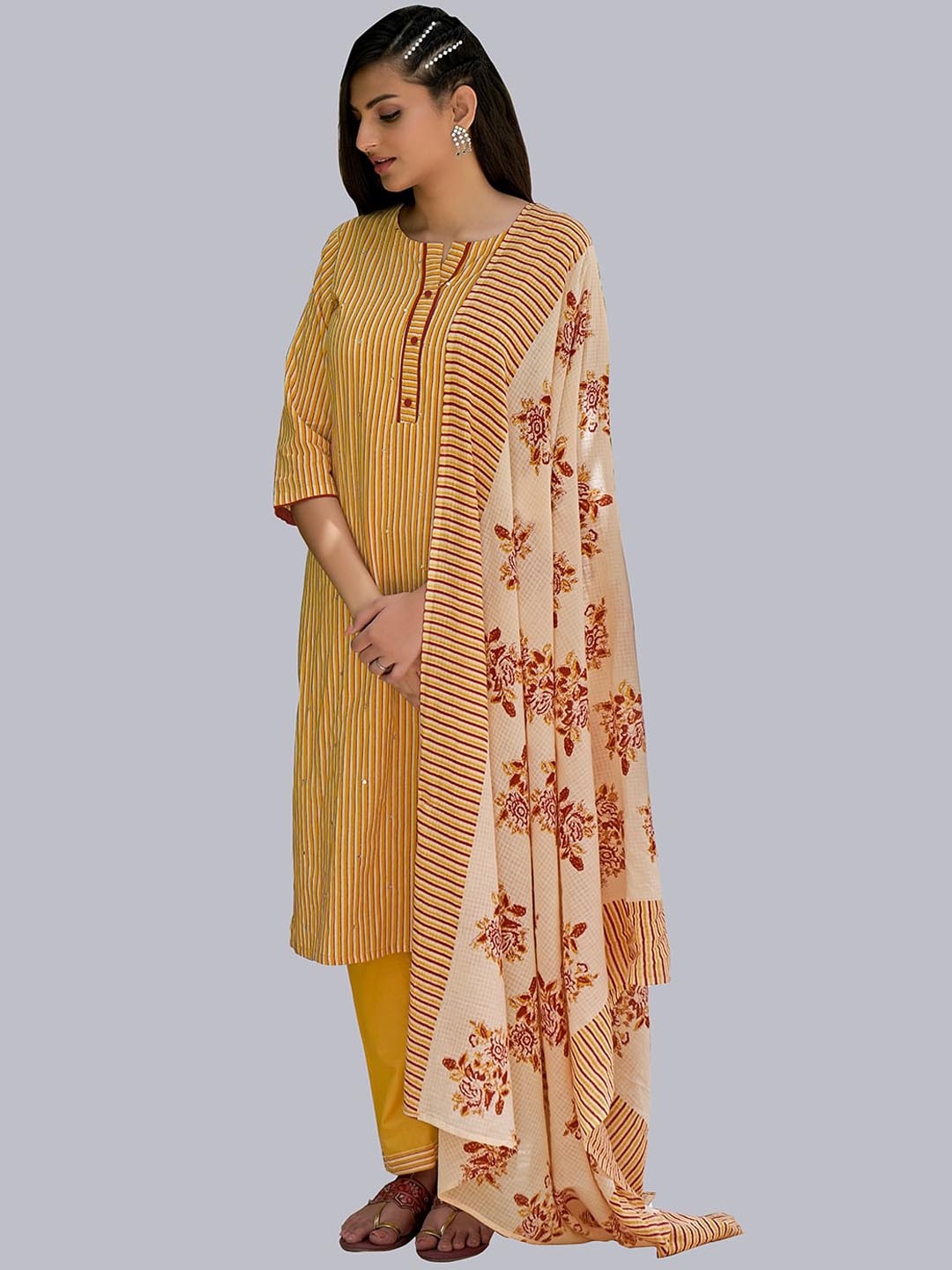 

NH KAPDEWALA Printed Pure Cotton Kurta with Trousers & Dupatta, Yellow