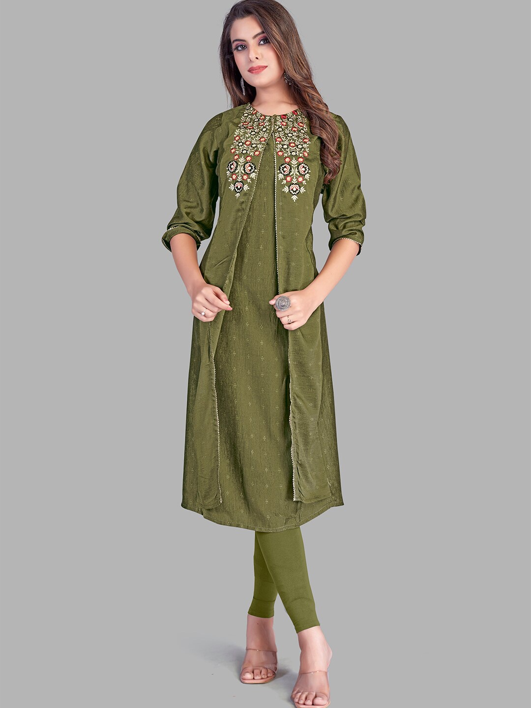 

NH KAPDEWALA Woman Floral Embroidered Layered Pure Cotton Kurta, Green
