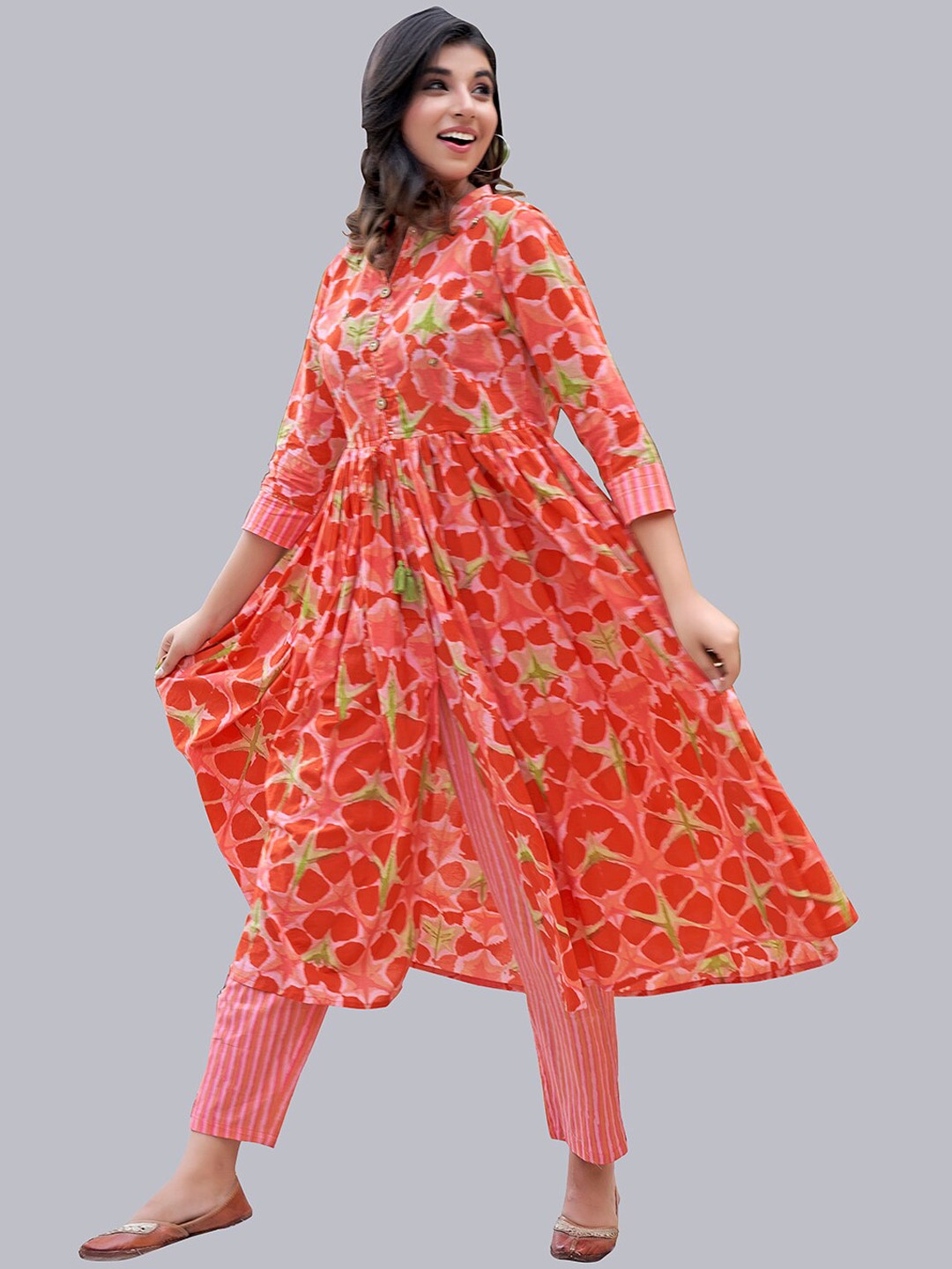 

NH KAPDEWALA Floral Printed Pure Cotton Kurta with Trousers, Orange