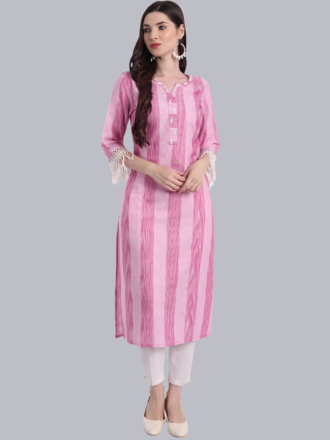 

NH KAPDEWALA Striped Round Neck Pure Cotton Kurta with Trousers, Pink