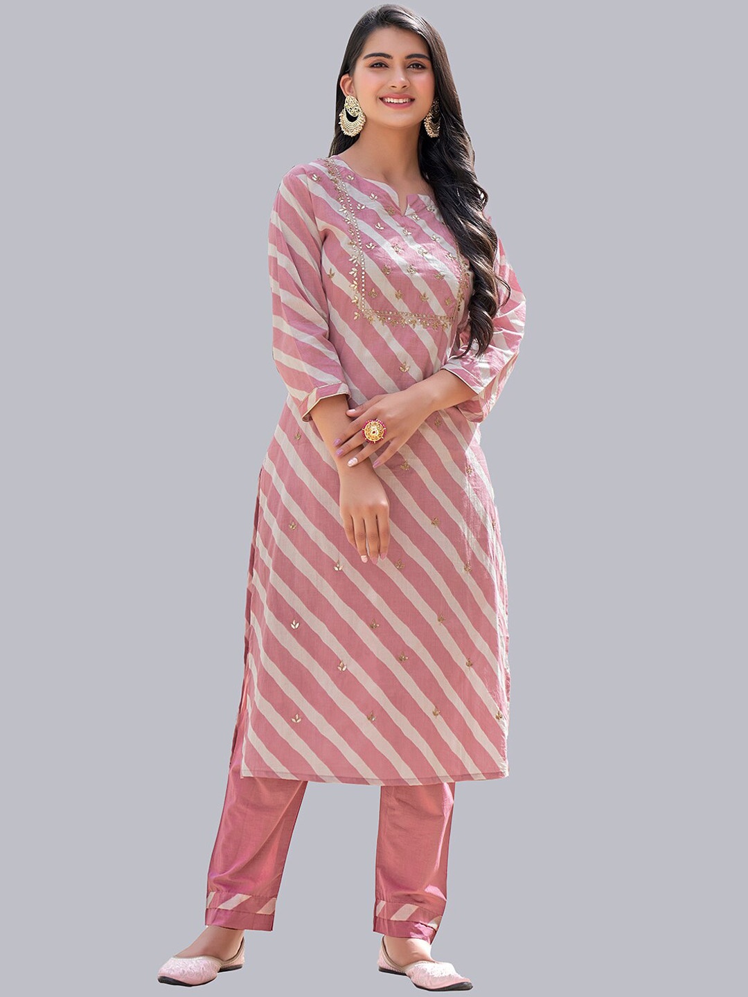 

NH KAPDEWALA Striped Pure Cotton Kurta with Trousers, Pink