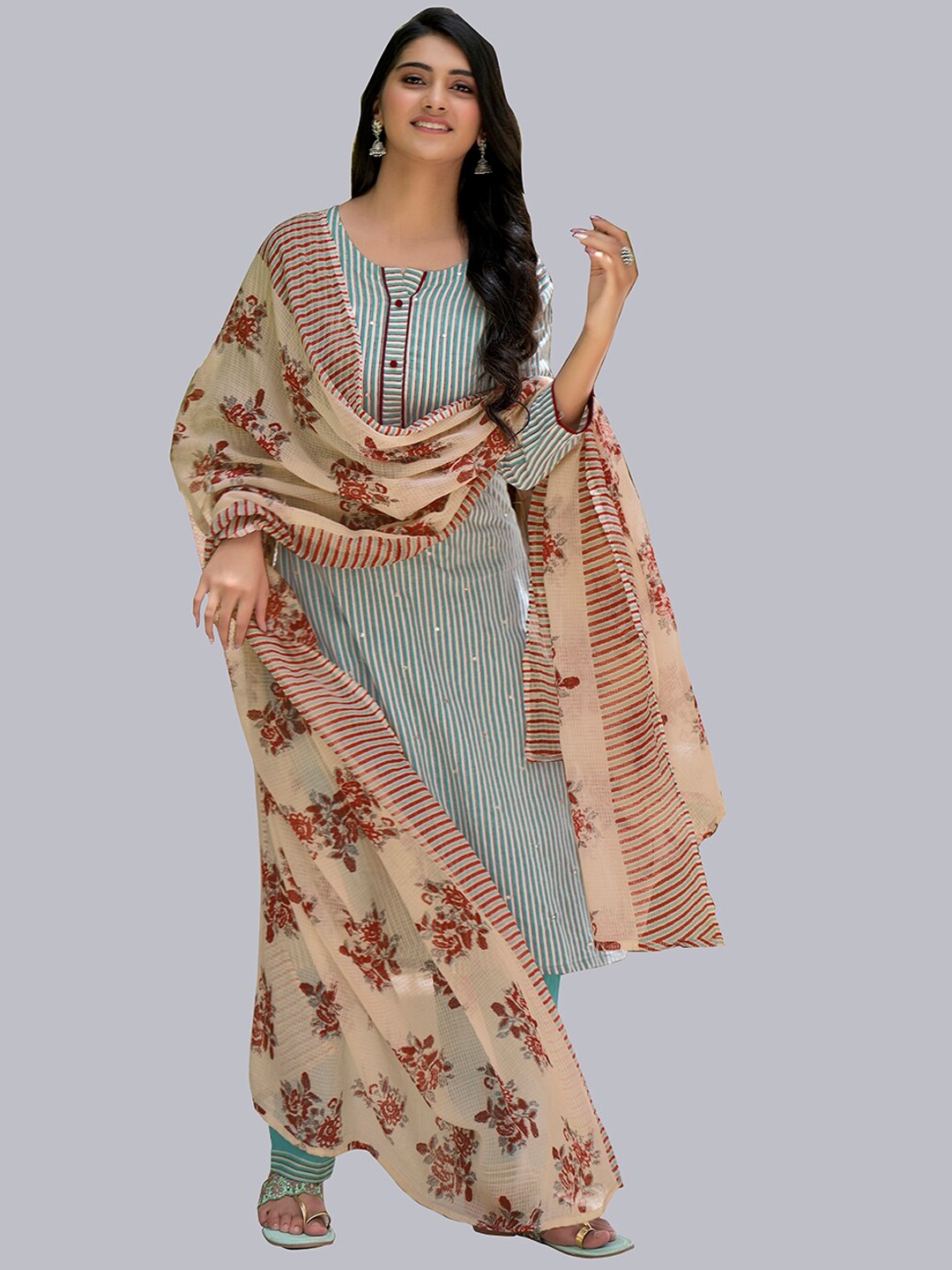 

NH KAPDEWALA Women Green Printed Pure Cotton Kurta with Trousers & With Dupatta