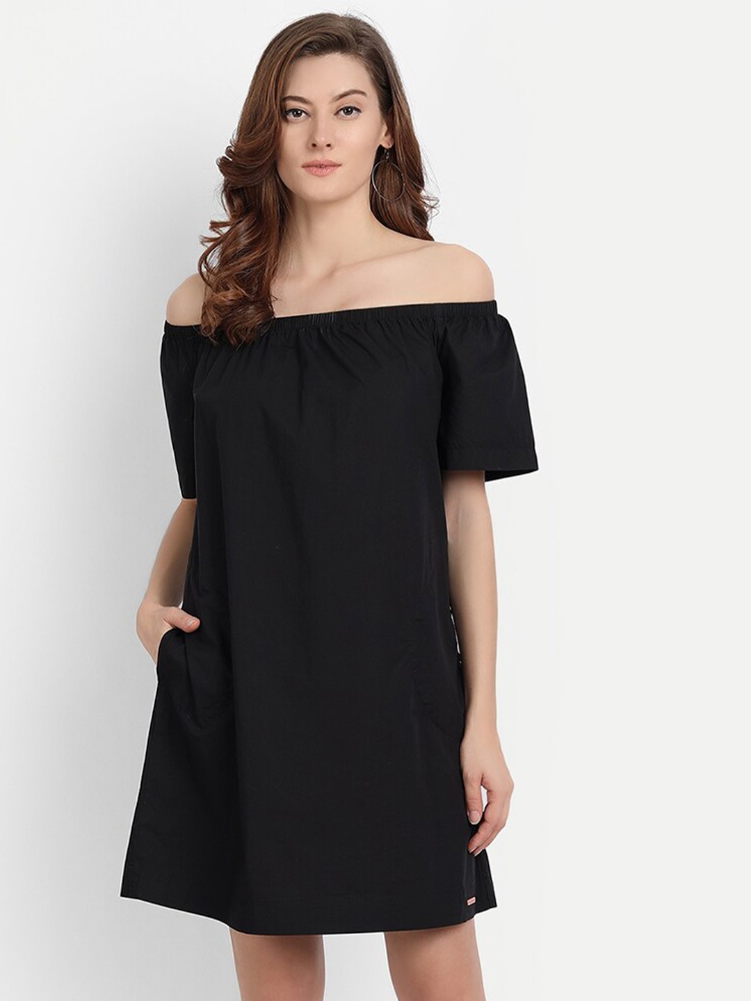 

River Of Design Jeans Off-Shoulder Cotton A-Line Dress, Black