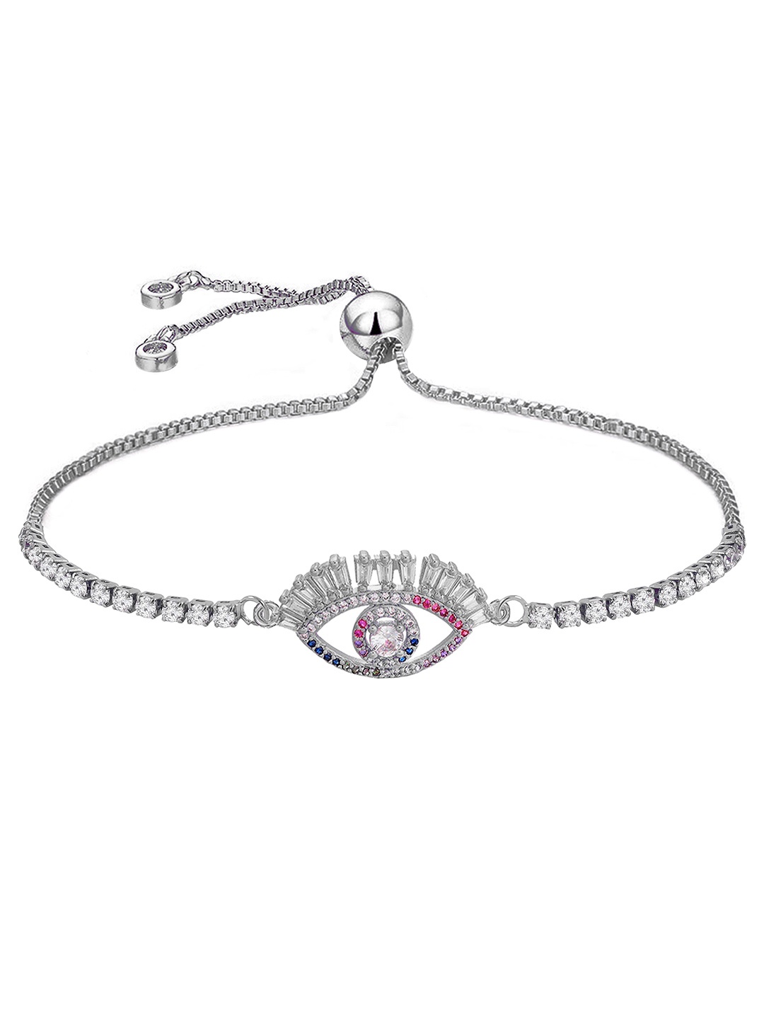 

ZIVOM Women White Brass Evil Eye Cubic Zirconia Antique Silver-Plated Link Bracelet