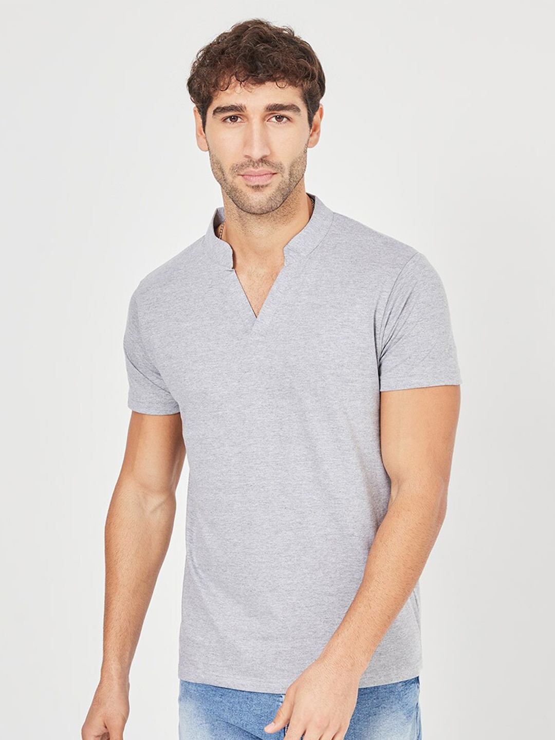 

Styli Pure Cotton Mandarin Collar Jersey Polo T-shirt, Grey