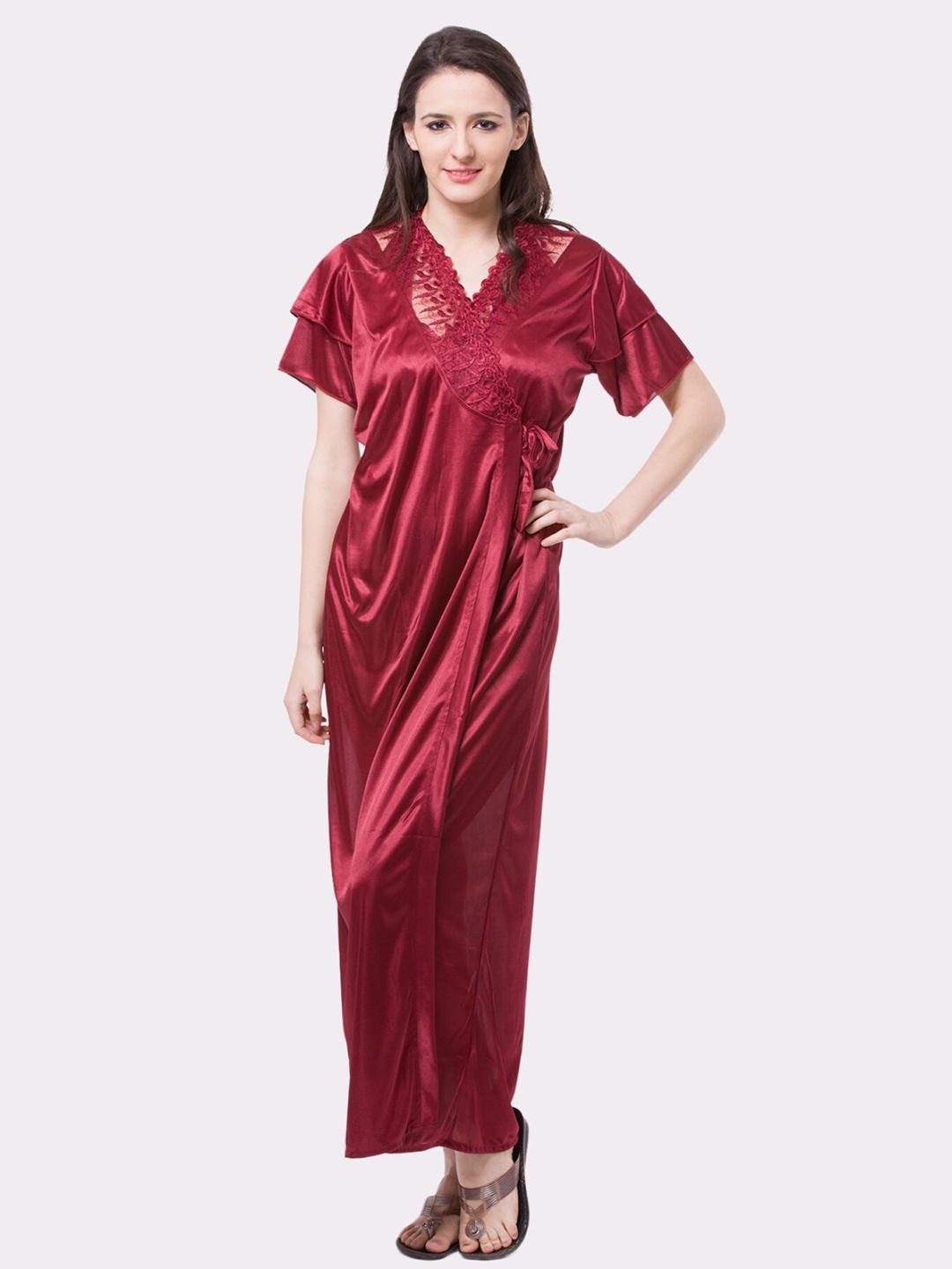 

Fasense Maroon Maxi Nightdress With Robe