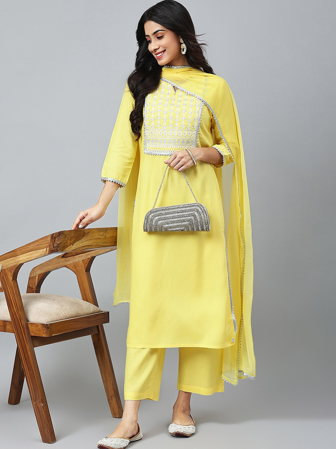 

Khushal K Round Neck Thread Work Kurta with Palazzos & Dupatta, Yellow