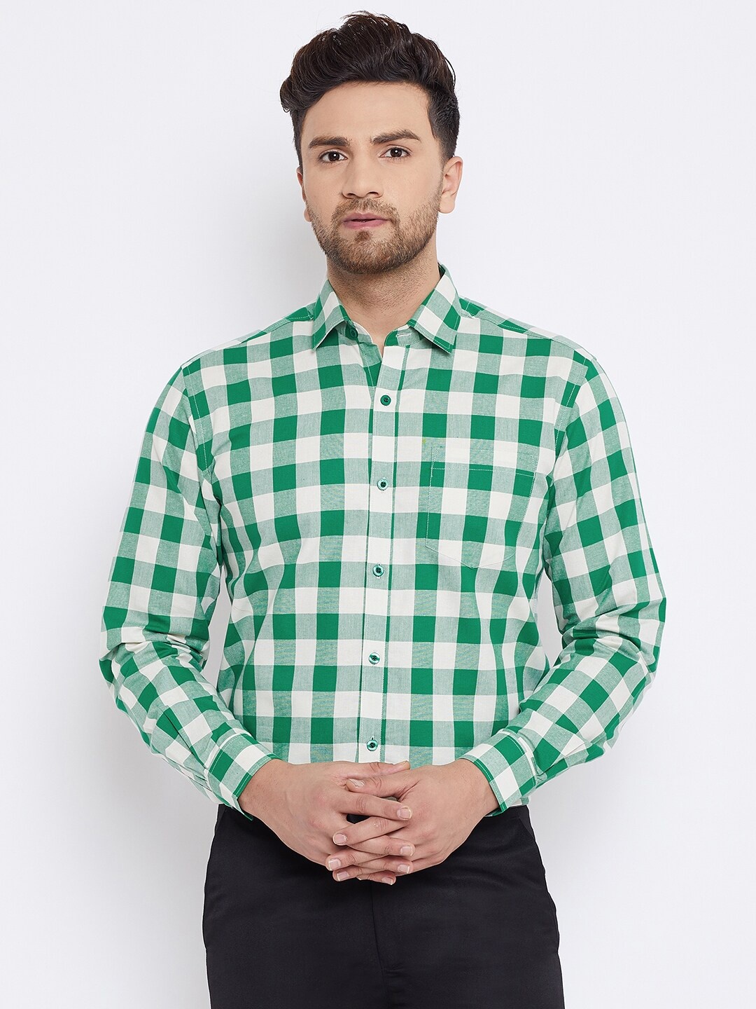 

D Kumar Men Green Standard Gingham Checks Cotton Formal Shirt