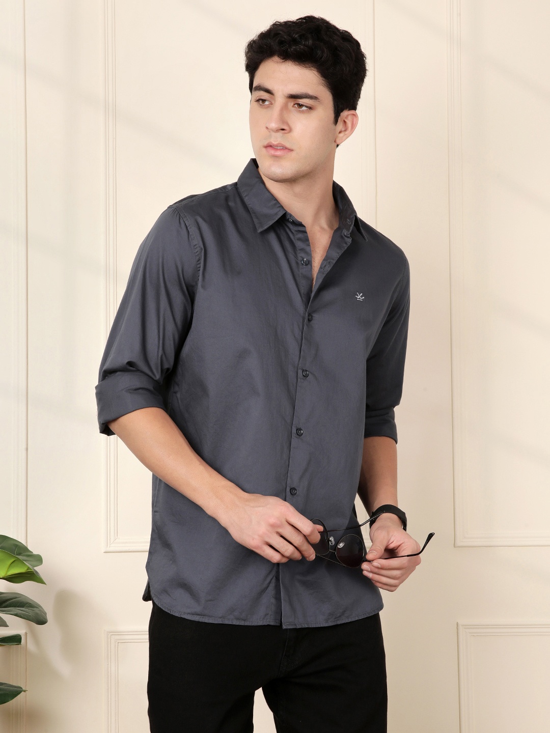 

WROGN Men Grey Slim Fit Pure Cotton Casual Shirt