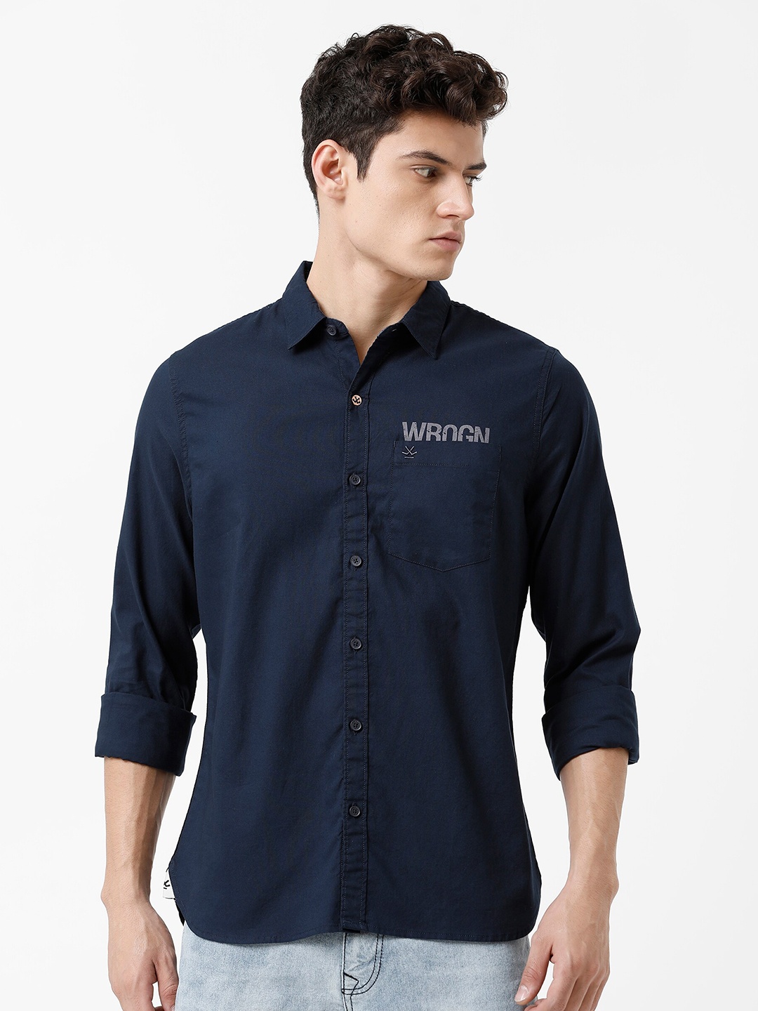 

WROGN Men Navy Blue Slim Fit Pure Cotton Casual Shirt