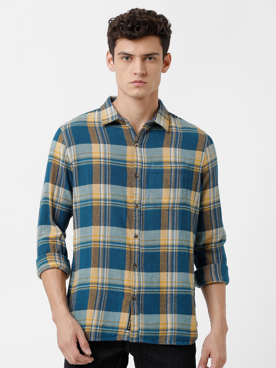 

WROGN Men Slim Fit Tartan Checked Pure Cotton Casual Shirt, Teal