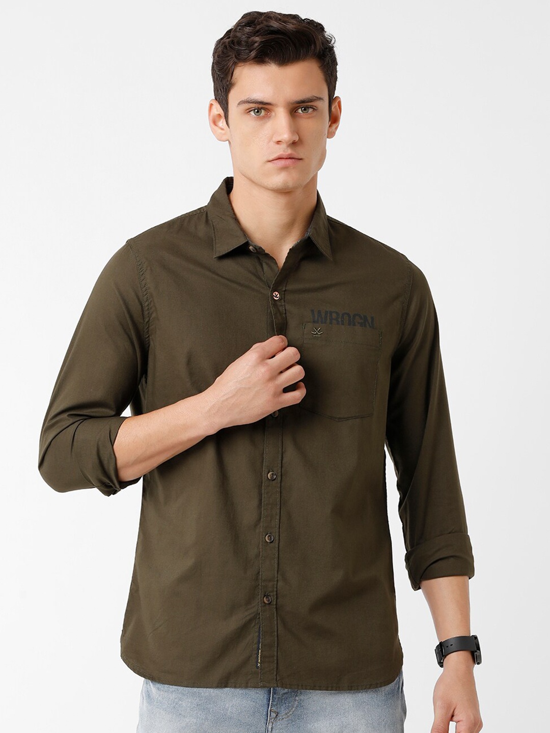 

WROGN Men Olive Green Slim Fit Pure Cotton Casual Shirt