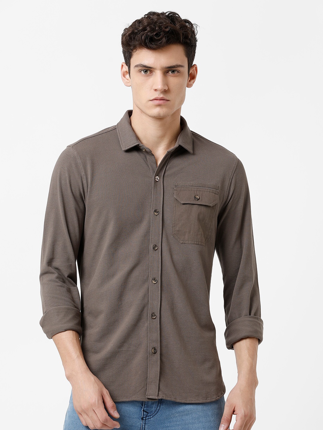 

WROGN Men Olive Green Slim Fit Pure Cotton Casual Shirt