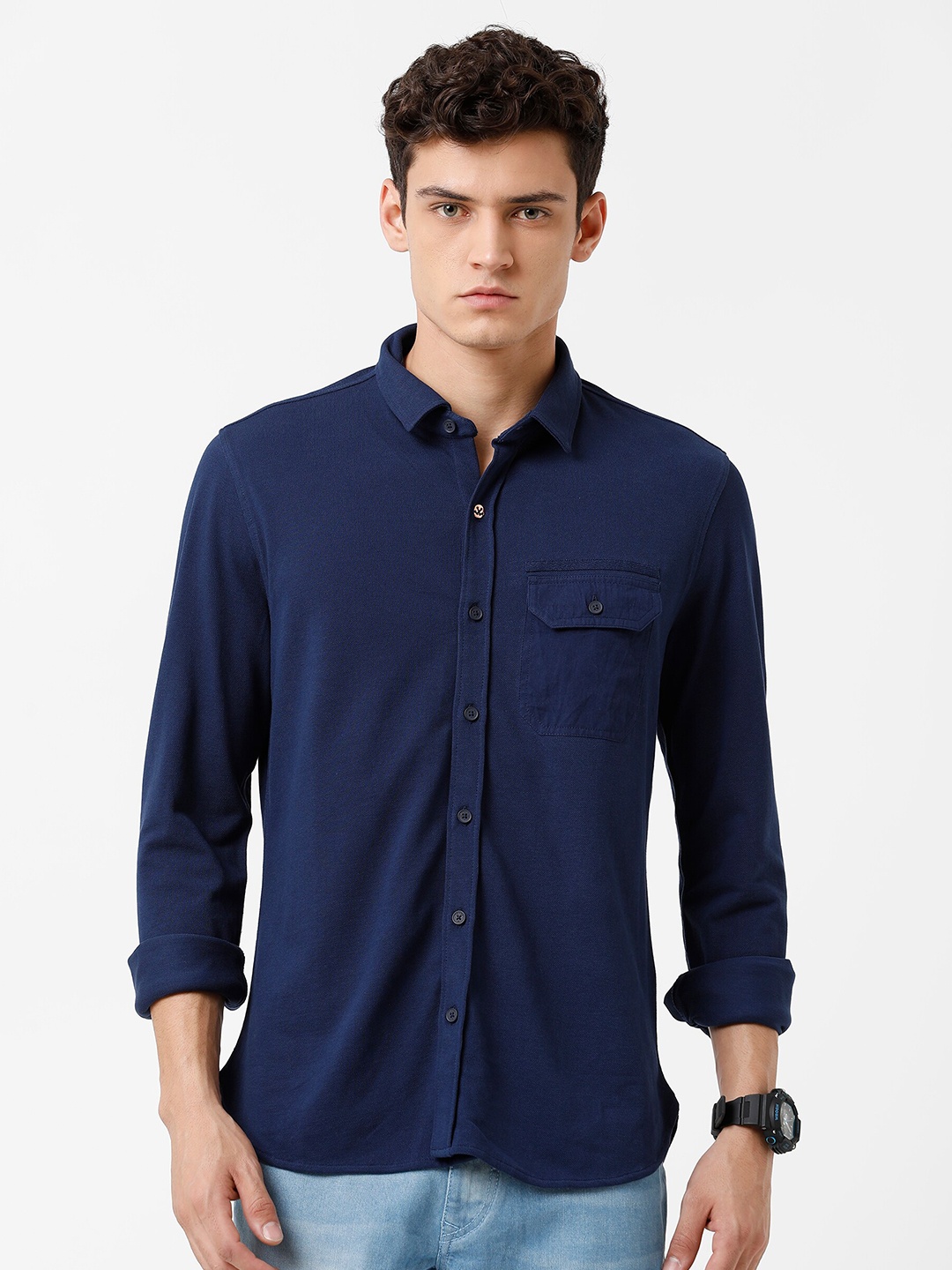 

WROGN Men Navy Blue Slim Fit Pure Cotton Casual Shirt