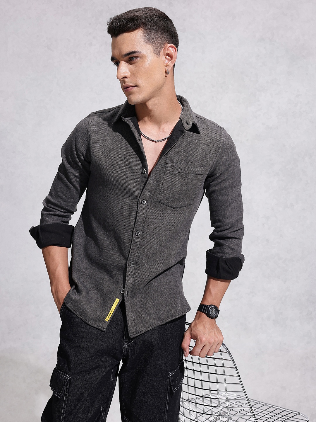 

WROGN Textured Self Design Casual Shirt, Grey