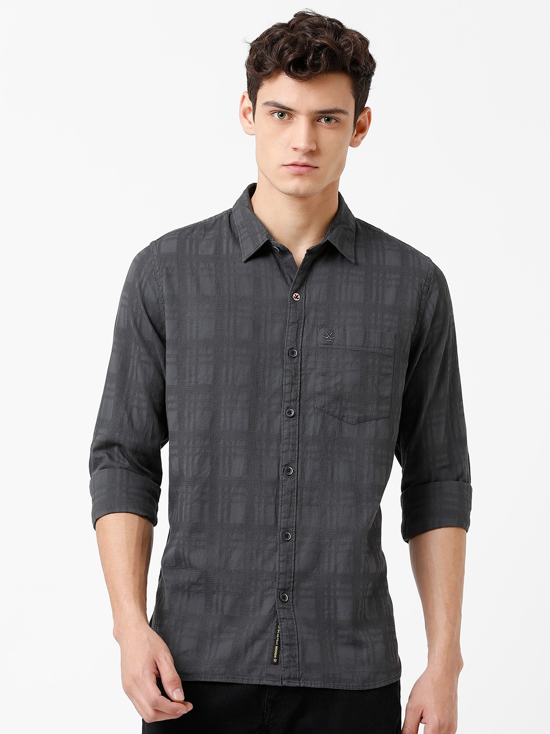 

WROGN Men Slim Fit Checked Pure Cotton Casual Shirt, Charcoal