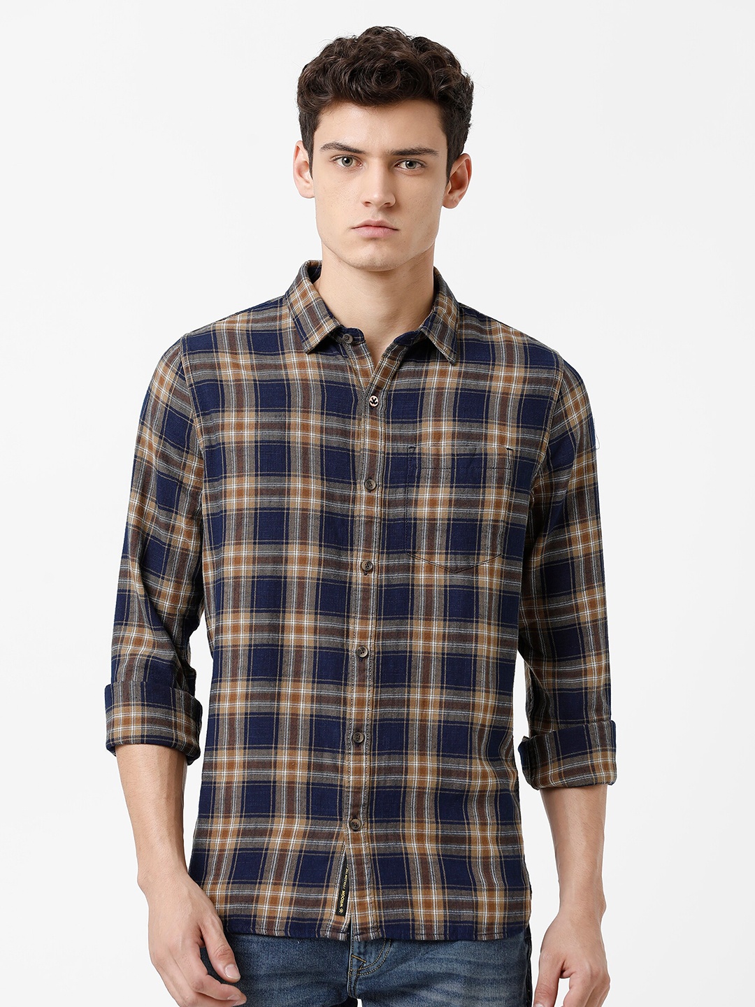 

WROGN Men Brown Slim Fit Tartan Checked Pure Cotton Casual Shirt