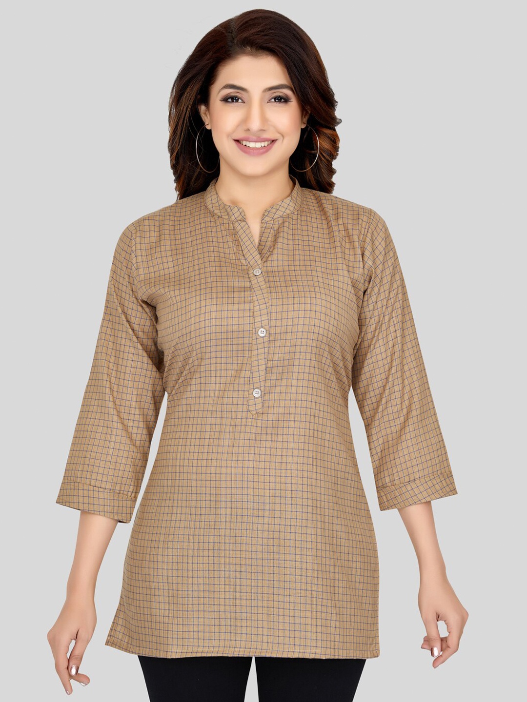 

Saree Swarg Checked Mandarin Collar Kurti, Beige