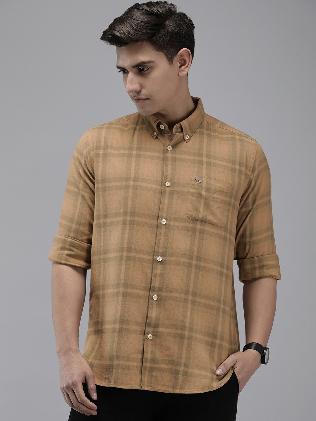 

THE BEAR HOUSE Men Cotton Button-Down Collar Slim Fit Tartan Checks Casual Shirt, Khaki