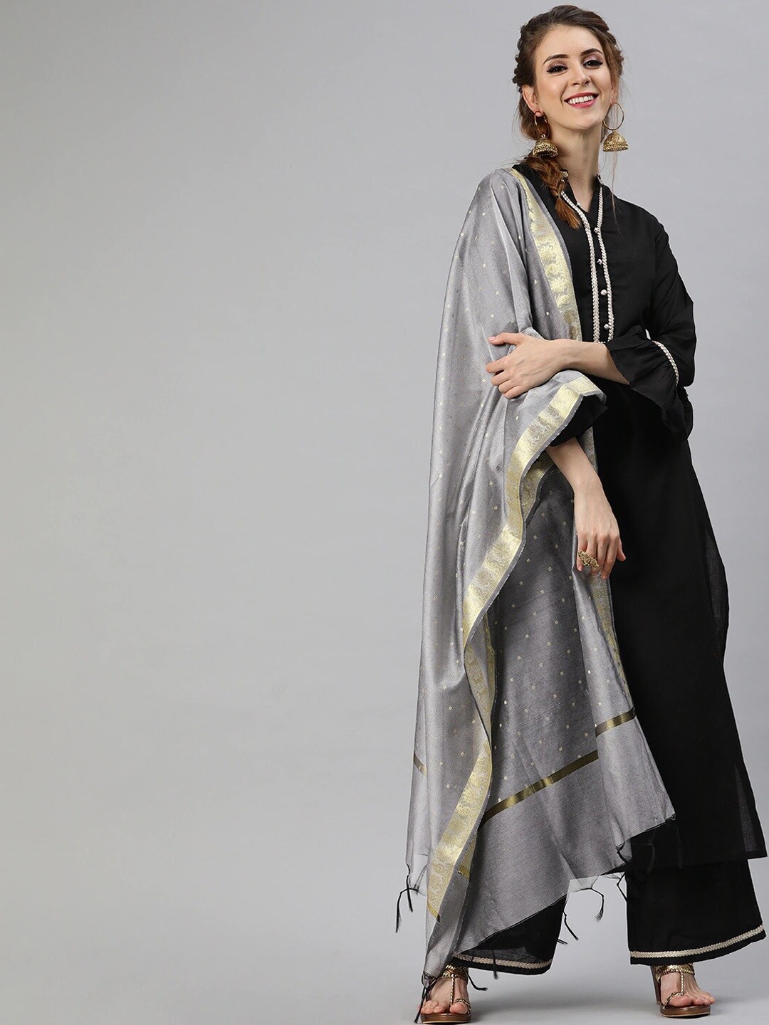 

Tulsattva Women Black Pure Cotton Kurta with Palazzos & With Dupatta