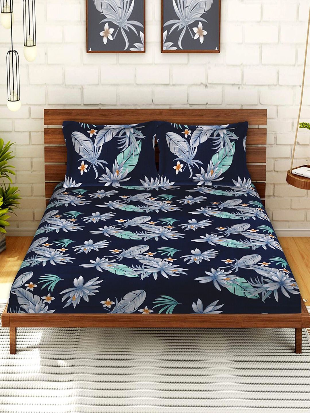 

Kuber Industries Navy Blue & Green Floral 144 TC Cotton King Bedsheet with 2 Pillow Covers