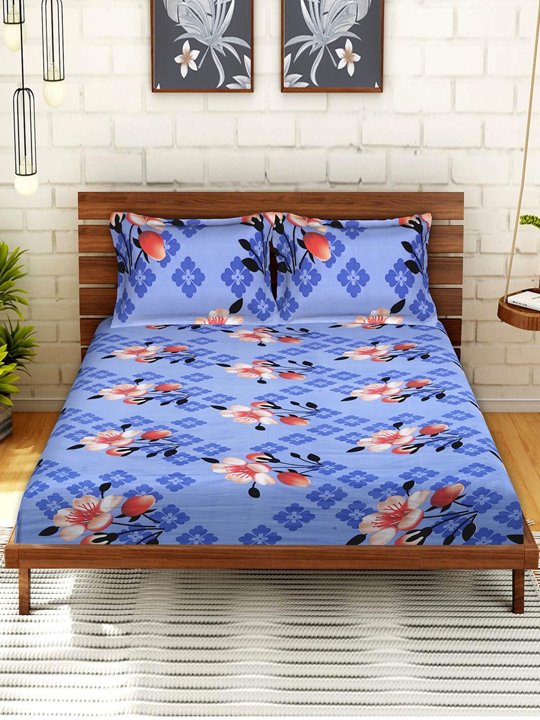 

Kuber Industries Blue & Red Floral 144 TC Cotton King Bedsheet with 2 Pillow Covers