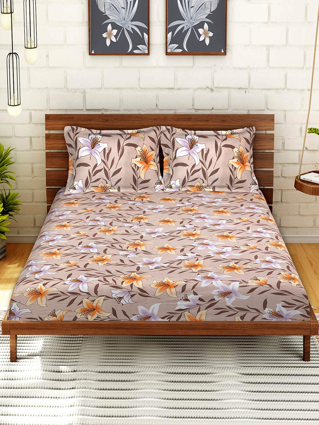 

Kuber Industries Brown & Orange Floral 144 TC Cotton King Bedsheet with 2 Pillow Covers