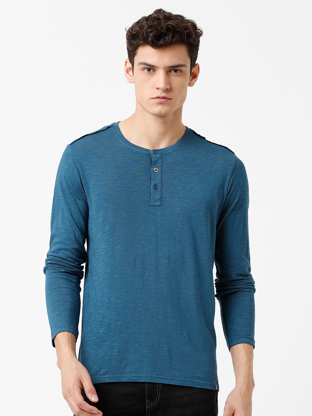 

WROGN Men Navy Blue Henley Neck Slim Fit T-shirt