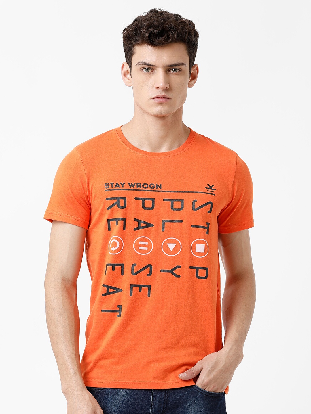 WROGN Men Orange & Black Printed Slim Fit T-shirt