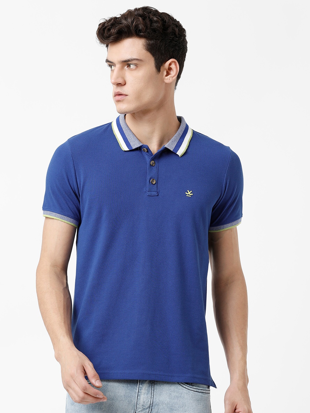 

WROGN Men Blue & White Polo Collar Slim Fit T-shirt