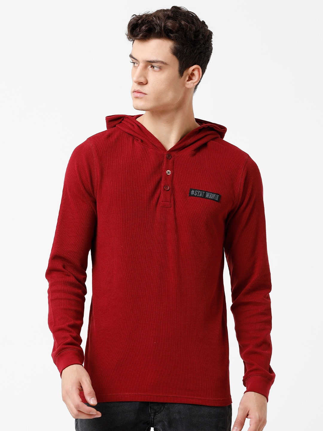 

WROGN Men Maroon Slim Fit Hooded T-shirt