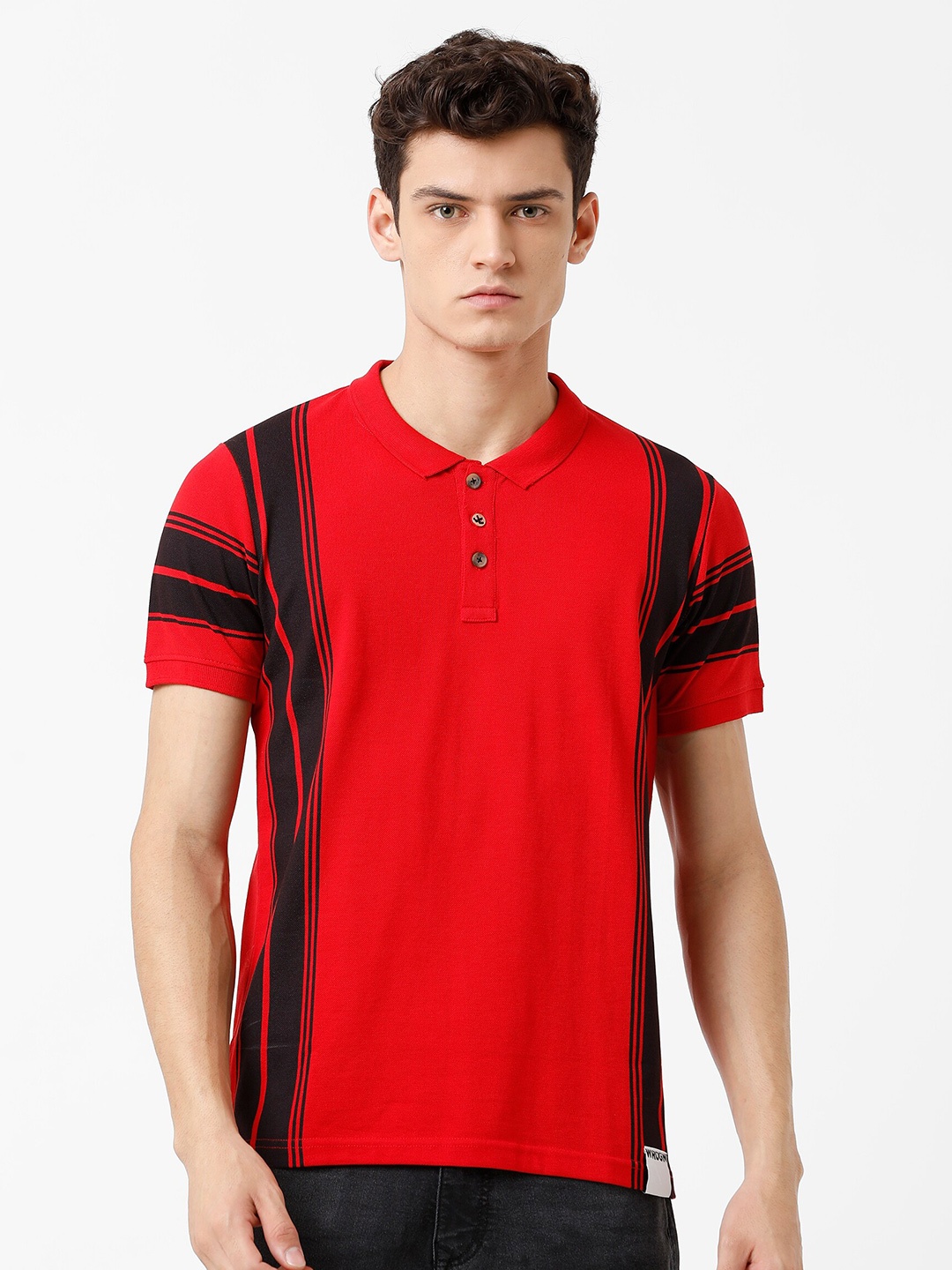 

WROGN Men Red & Black Colourblocked Cotton Polo Collar Slim Fit T-shirt