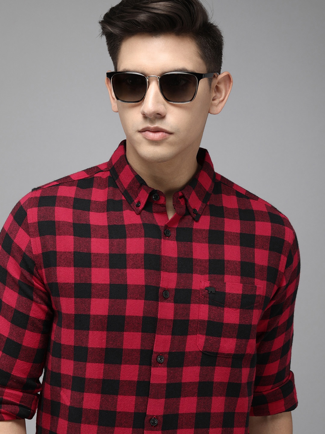

THE BEAR HOUSE Men Flannel Cotton Slim Fit Windowpane Checked Casual Shirt, Red