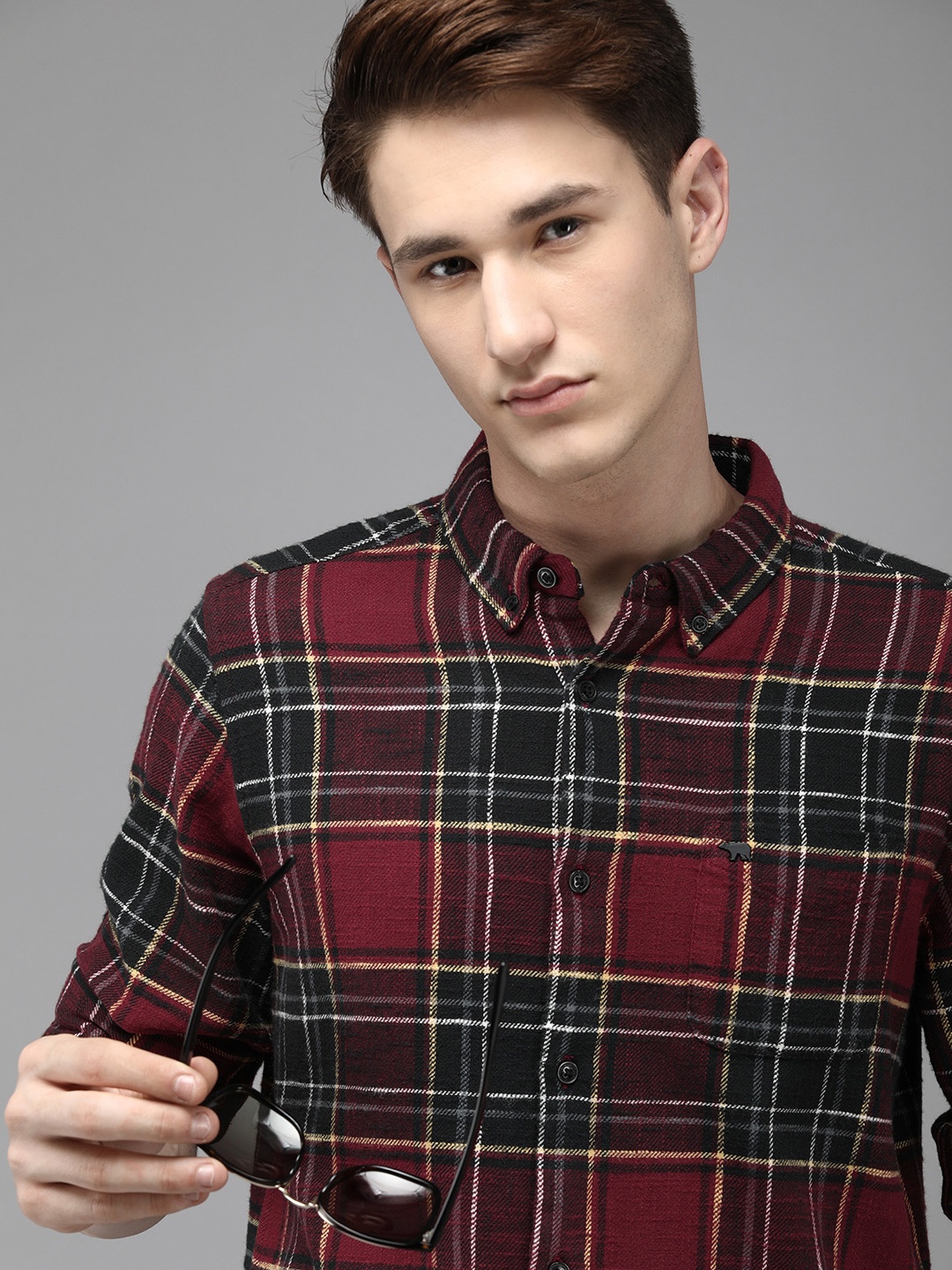 

THE BEAR HOUSE Men Flannel Cotton Button-Down Slim Fit Tartan Checks Casual Shirt, Maroon