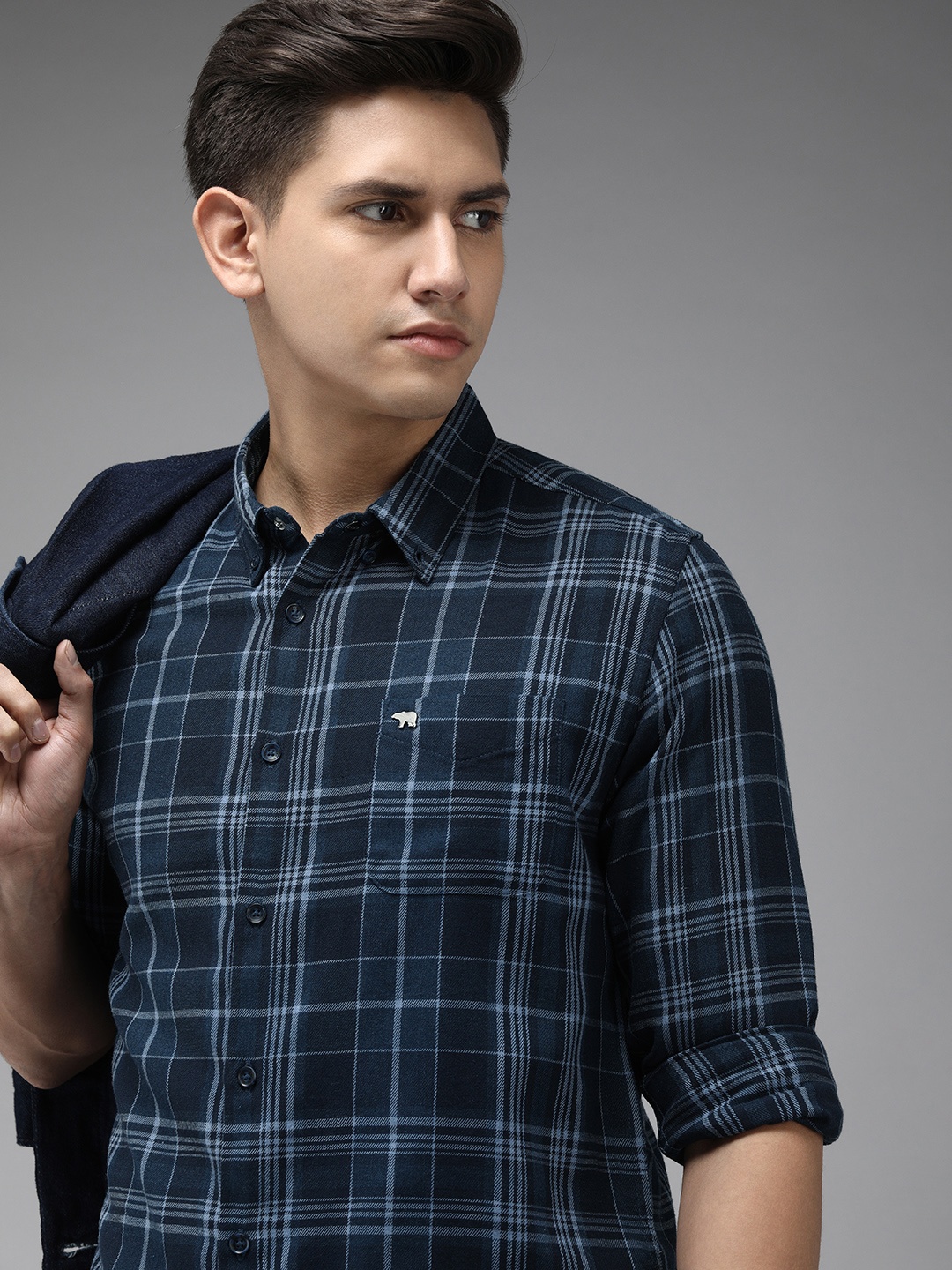 

THE BEAR HOUSE Men Flannel Cotton Slim Fit Tartan Checks Checked Casual Shirt, Navy blue