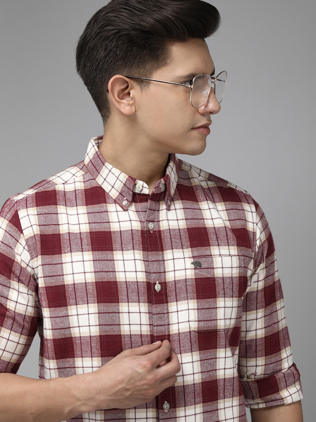 

THE BEAR HOUSE Men Flannel Cotton Button-Down Slim Fit Tartan Checks Casual Shirt, Maroon