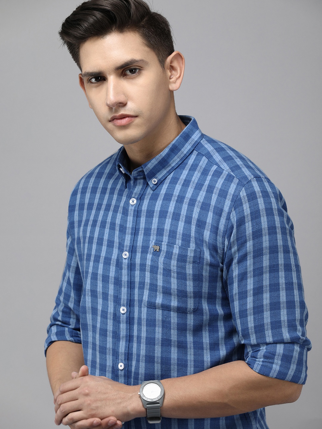 

THE BEAR HOUSE Men Flannel Cotton Slim Fit Tartan Checked Casual Shirt, Blue