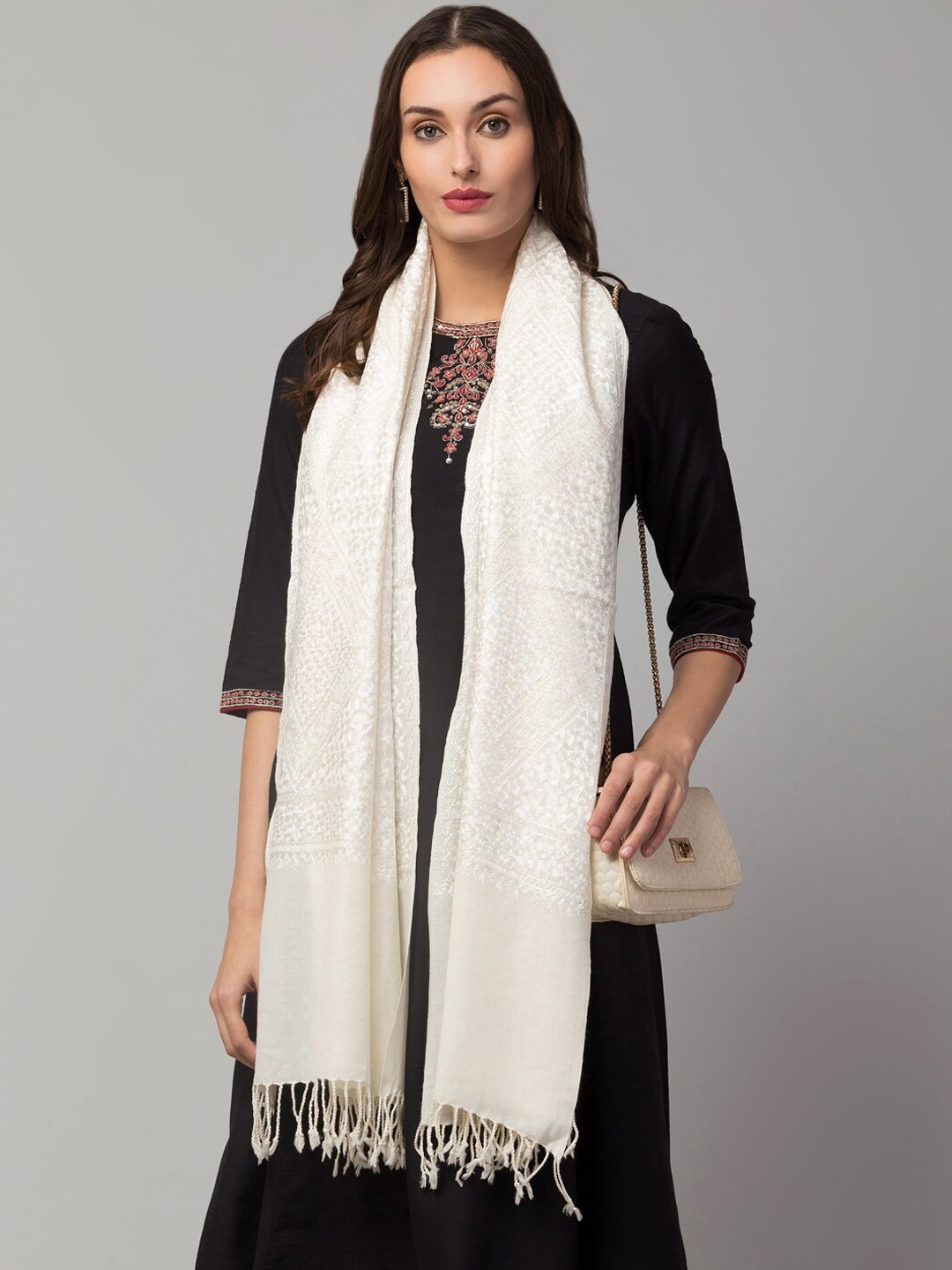 

Tweedle Women Jaal Embroidered Pure Wool Shawl, Off white