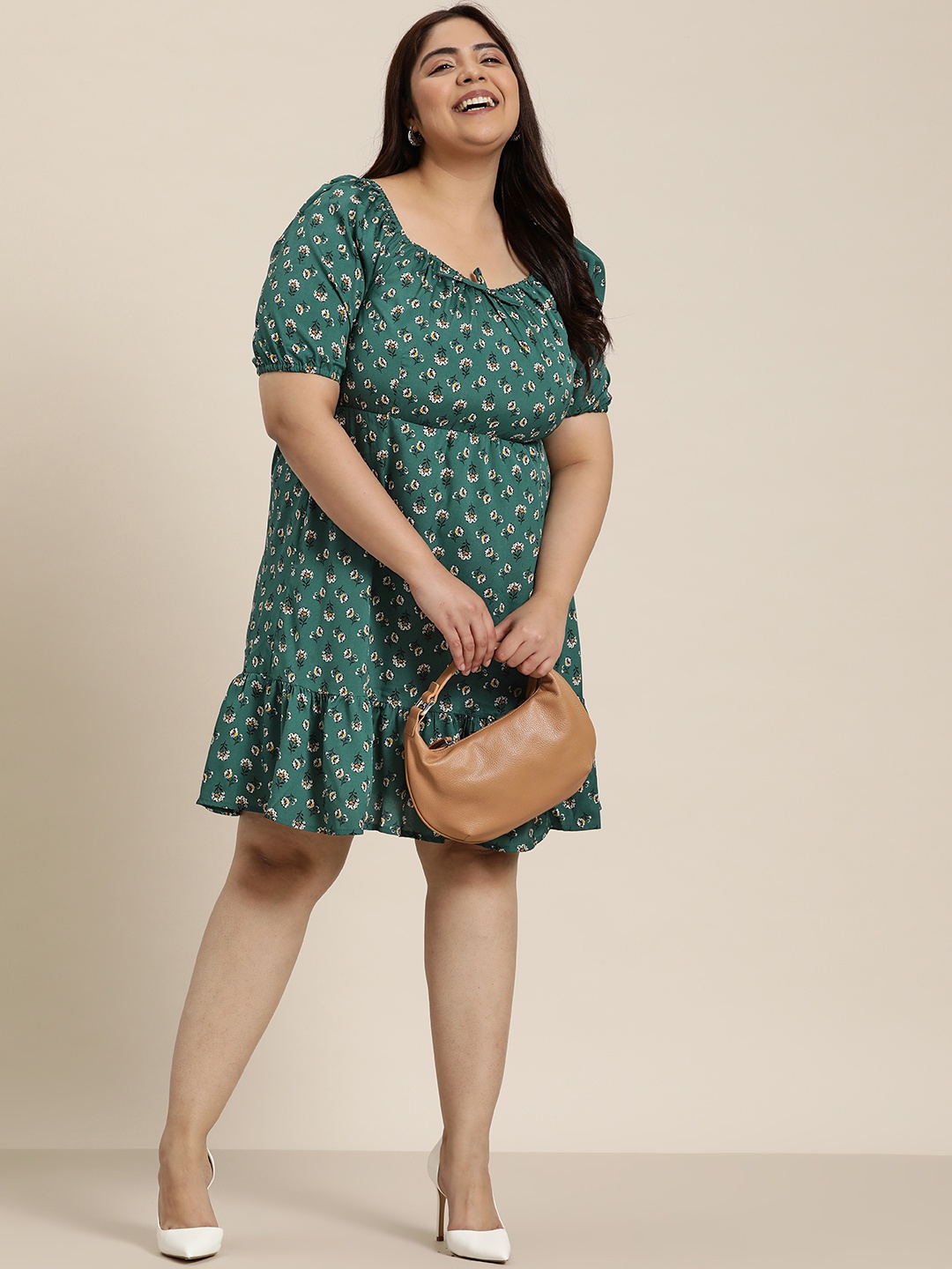 

Sztori Plus Size Floral Print Sweetheart Neck A-Line Dress, Green