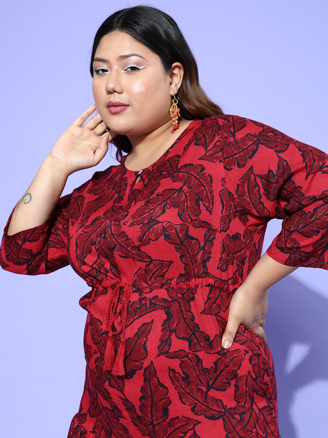 

Sztori Plus Size Scarlet Red Printed Keyhole Neck Drop-Waist Dress