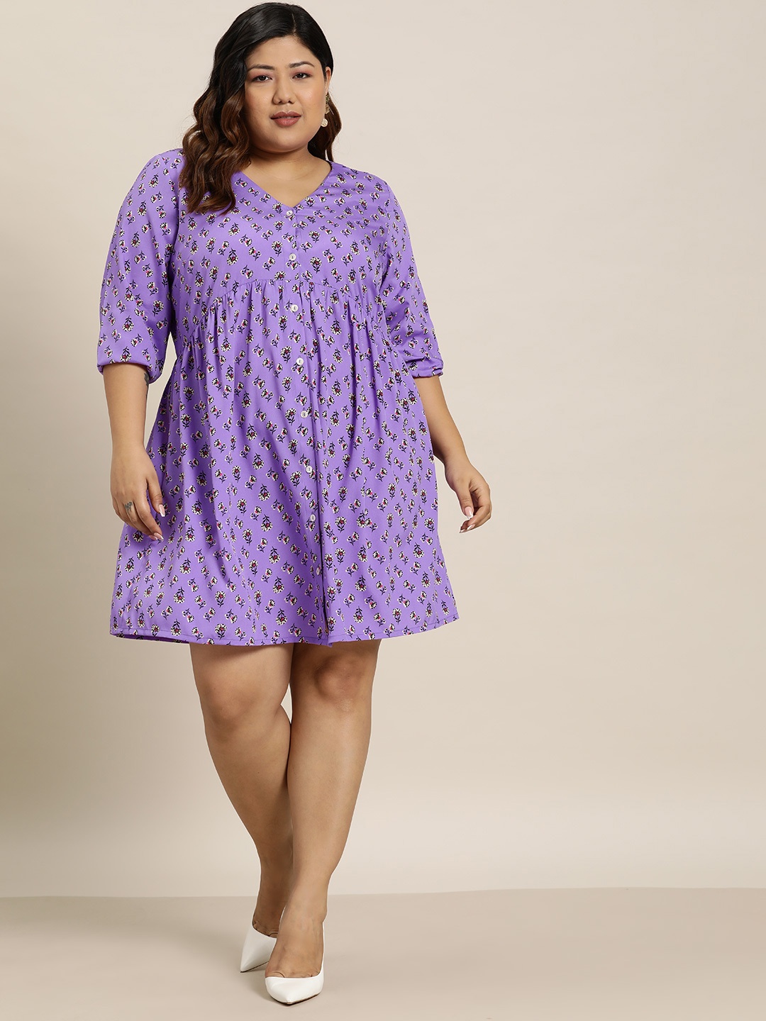 

Sztori Plus Size Front Open Floral Print A-Line Dress, Purple