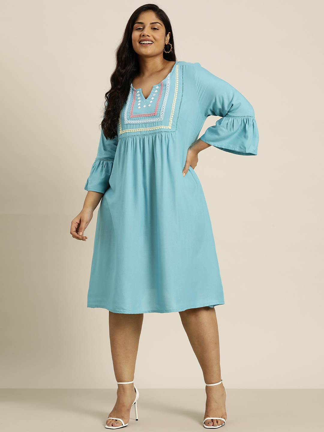 

Sztori Plus Size Embroidered Yoke Design Bell Sleeves A-Line Dress, Blue