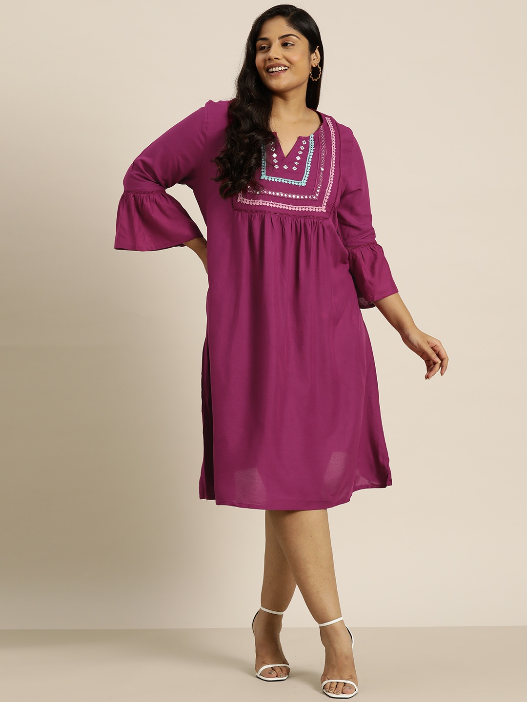 

Sztori Plus Size Embroidered Yoke Design Bell Sleeves A-Line Dress, Magenta